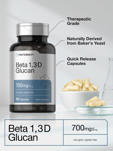 Beta 1,3D Glucan supplement bottle with descriptive text and capsules in a bowl.