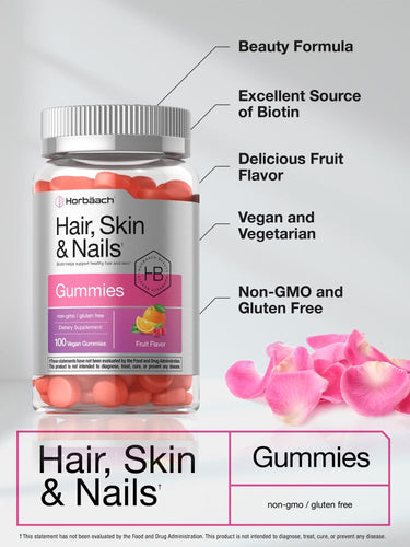 View 4 Bottle of Hair, Skin & Nails gummies with text highlighting benefits and pink flowers in the background.