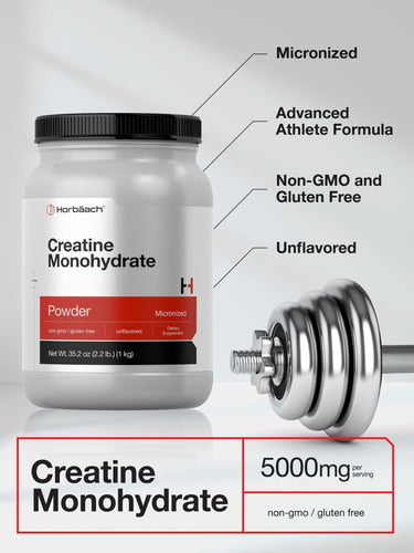 Creatine Monohydrate powder container with fitness equipment on a light gray background