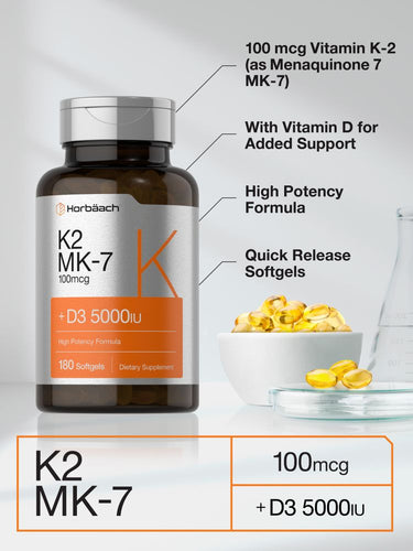 Horbaach K2 MK-7 supplement bottle with nutritional information on a light gray background