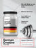 Container of German Creatine Powder with a barbell, highlighting features like 'Made in Germany' and 'Non-GMO'.
