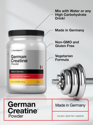 View 6 Container of German Creatine Powder with a barbell, highlighting features like 'Made in Germany' and 'Non-GMO'.