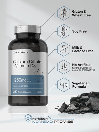 Bottle of Calcium Citrate + Vitamin D3 supplement with certification icons on a light gray background