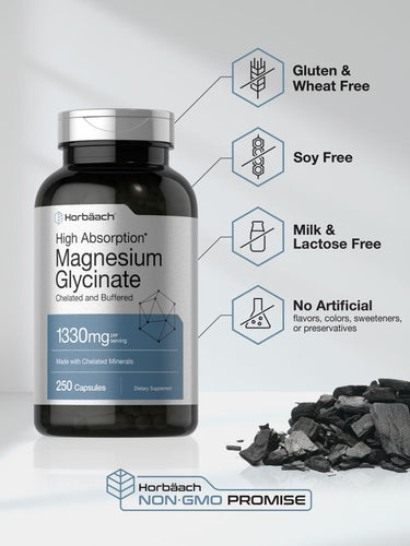View 4 Bottle of magnesium supplement with certification icons on a light gray background