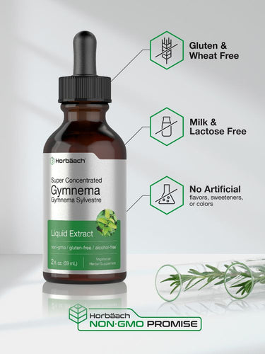 View 4 Bottle of Gymnema liquid extract with certification icons on a light background