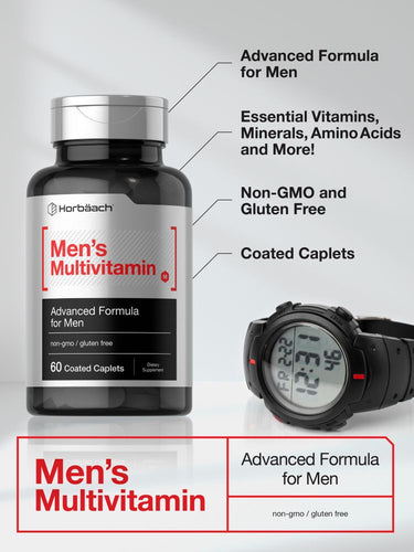 Horbaach Men's Multivitamin bottle with digital watch on a light gray background
