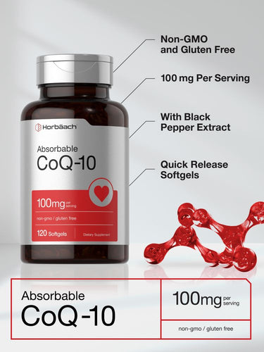 Bottle of Absorbable CoQ-10 supplements with text highlighting features on a gray background.