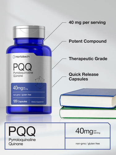 View 4 Bottle of PQQ capsules with text highlighting properties and serving size.