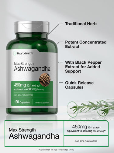 Green bottle of Max Strength Ashwagandha supplement with text highlighting features.