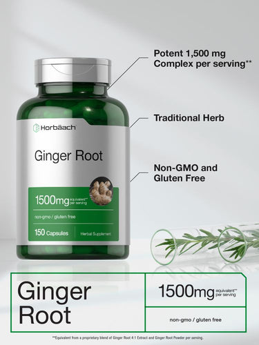 View 5 Horbaach Ginger Root supplement bottle with label details on a light gray background