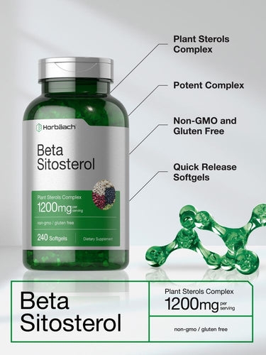 View 4 Green bottle of Beta Sitosterol supplement with text highlighting features on a white background.