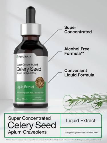 Bottle of super concentrated celery seed liquid extract with text highlighting features on a light gray background.