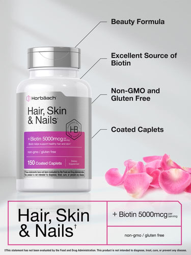 View 4 Supplement bottle labeled 'Hair, Skin & Nails' with features highlighted on a light gray background.