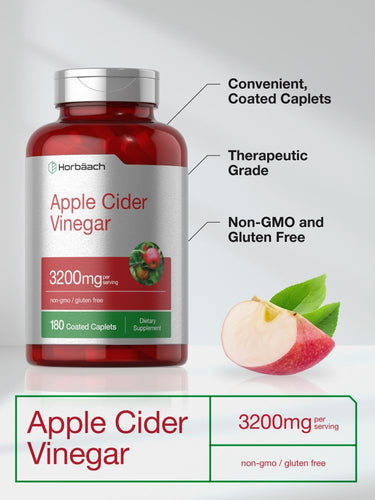 Bottle of apple cider vinegar capsules with apple and text on a white background