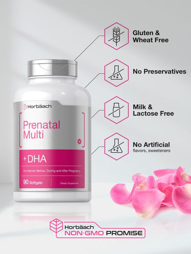 Prenatal multivitamin supplement bottle with pink label, featuring gluten-free and non-GMO attributes.
