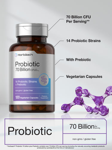View 4 Probiotic with 70 Billion CFU per serving, 120 Vegetarian Capsules, 14 Strains, Prebiotic, non-GMO, and gluten-free.