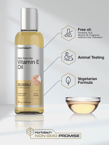 View 4 Bottle of vitamin E oil with descriptive text and icons on a light background.