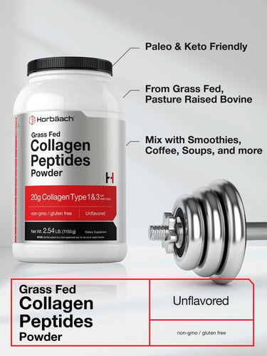 Collagen peptides powder container with gym weight and text on a light background