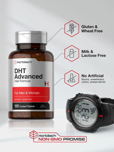 View 4 Bottle of DHT Advanced hair formula and digital watch on a gray background