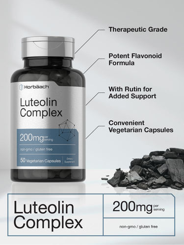 Bottle of Luteolin Complex with label details and black powder on white background.