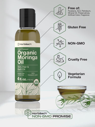 View 4 Bottle of Organic Moringa Oil with certification icons on a light gray background