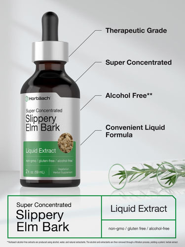 Bottle of Slippery Elm Bark liquid extract with label details on a white background.