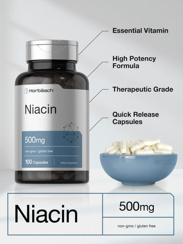 View 4 Bottle of Niacin capsules with label details and a bowl of capsules on a light background.