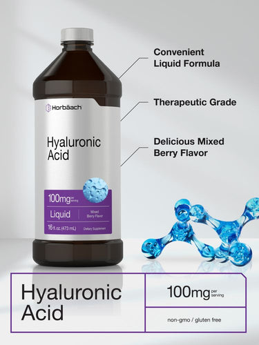 View 4 Hyaluronic Acid bottle with product details on a gray background