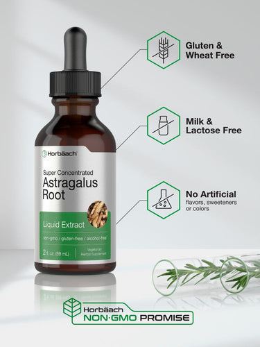 Bottle of Astragalus Root liquid extract with certification icons on a light background