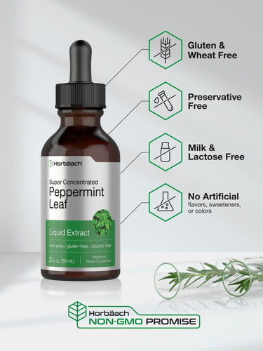 View 4 Bottle of peppermint leaf liquid extract with certification icons on a light gray background
