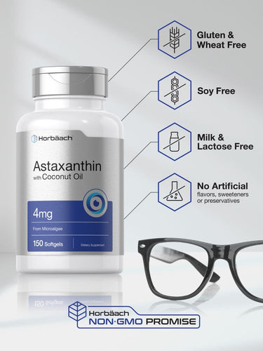 Horbaach Astaxanthin supplement bottle with features listed on a white background