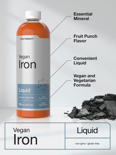 View 4 Bottle of Vegan Iron Liquid with features listed on a gray background
