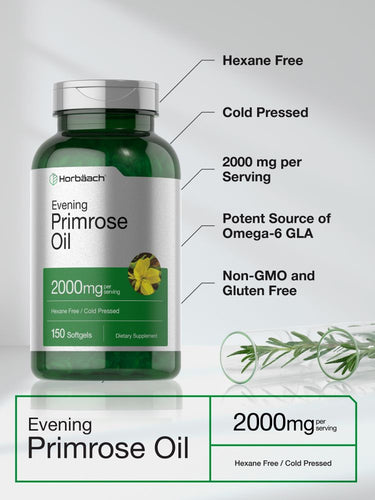 View 4 Green bottle of Evening Primrose Oil with text highlighting its features on a light gray background.