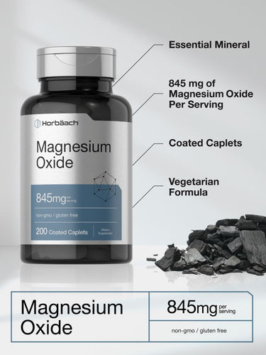 View 4 Horbaach Magnesium Oxide supplement bottle with text detailing its features on a gray background