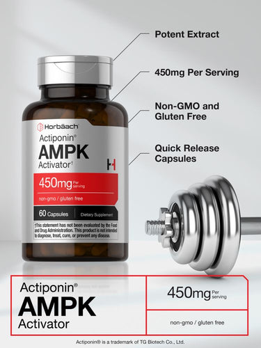 Supplement bottle labeled 'Actiponin AMPK Activator' with gym weight in background.