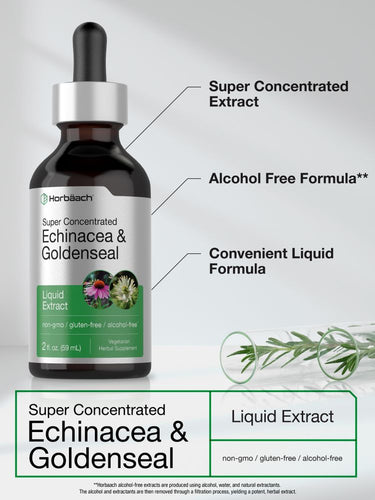 Bottle of super concentrated echinacea and goldenseal liquid extract with text highlighting features.