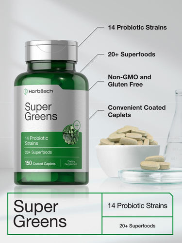 Horbaach Super Greens supplement bottle with text highlighting features on a light gray background