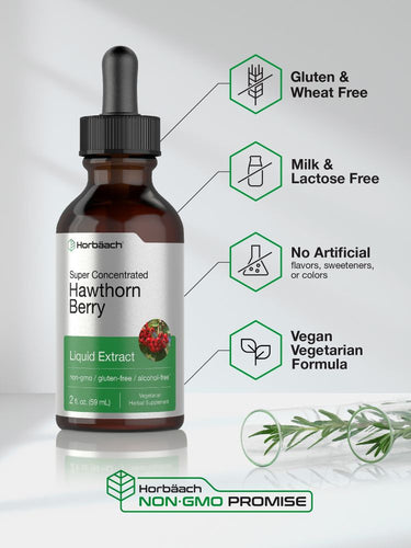 Bottle of Hawthorn Berry liquid extract with product features highlighted.