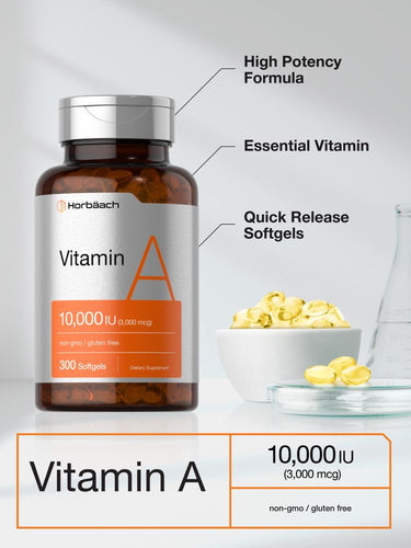 View 4 Horbaach Vitamin A supplement bottle with text highlighting features on a light gray background
