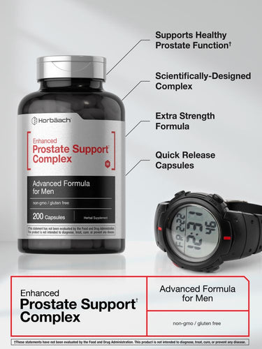 Prostate support supplement bottle with watch on white background