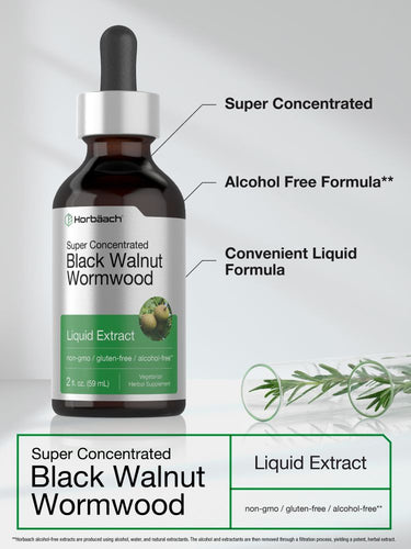 Bottle of Black Walnut Wormwood liquid extract with text highlighting its features.