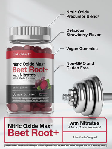 View 4 Bottle of Nitric Oxide Max Beet Root gummies with a dumbbell, highlighting features like nitric oxide precursor blend and delicious strawberry flavor.