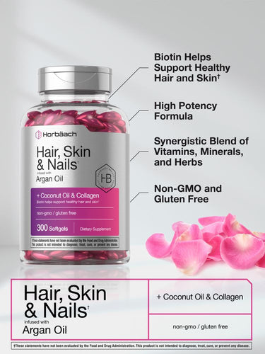 View 4 Bottle of Hair, Skin & Nails supplement with pink capsules and product features on a light background.