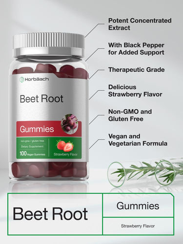 Bottle of Beet Root Gummies with label details on a white background.