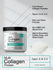 Collagen protein product with label details and bowl of powder on a light background.