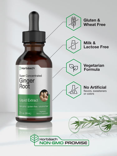 View 4 Bottle of ginger root liquid extract with product features highlighted.