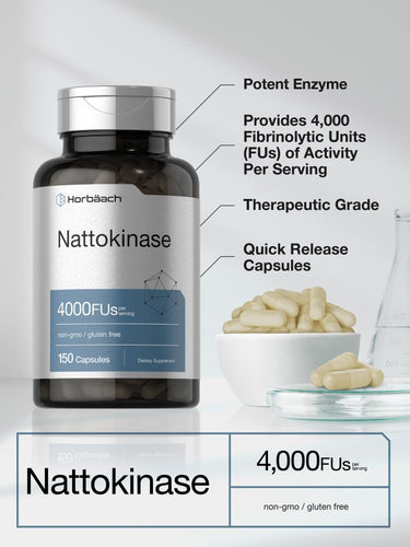 Bottle of Nattokinase supplement with text highlighting properties and a close-up of capsules.
