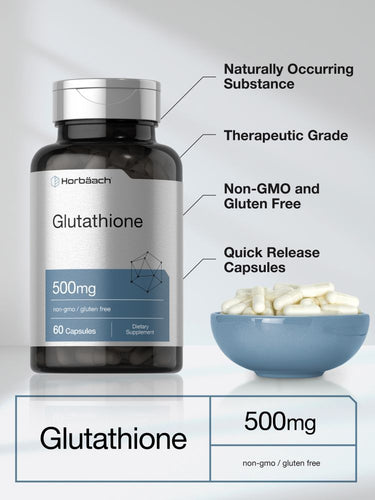 Glutathione supplement bottle with bowl of capsules and text labels.