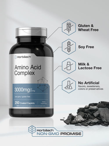 View 4 Bottle of Amino Acid Complex with label and features on a light background.