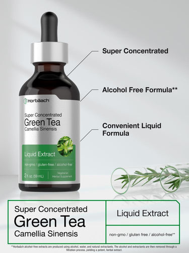 Bottle of Horbaach Super Concentrated Green Tea Liquid Extract on a light gray background